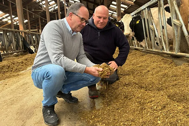 Gespräch im Kuhstall zwischen SCHAUMANN-Gebietsleiter Joachim Leipold (l.) mit Betriebsleiter Holger Knauer (r.)