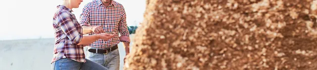 Zwei Personen untersuchen eine Portion Maissilage an einem Maissilo