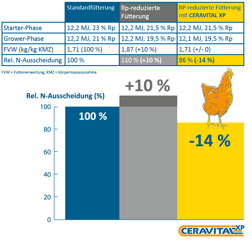 Futterverwertung und N-Ausscheidung von Geflügel bei Rp-reduzierter Fütterung mit CERAVITAL XP